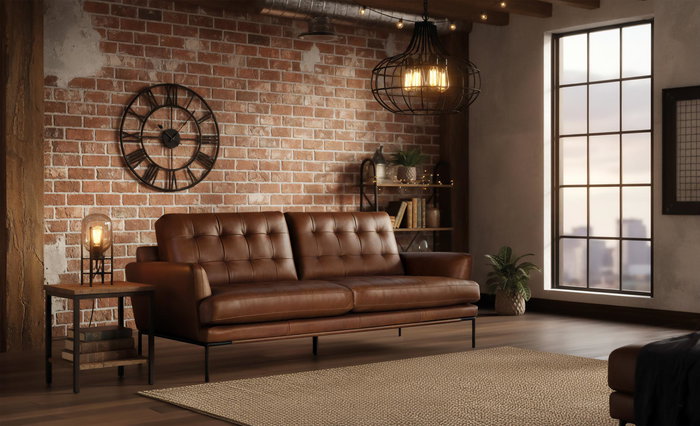 GINER Y COLOMER Sofá Tapizado en Piel 3 Plazas Vintage con Patas Metal Bronce