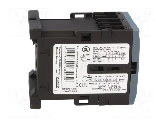 Siemens 3RT20161AP02 Contactor AC-3 4kW/400V 230VAC 3p S00