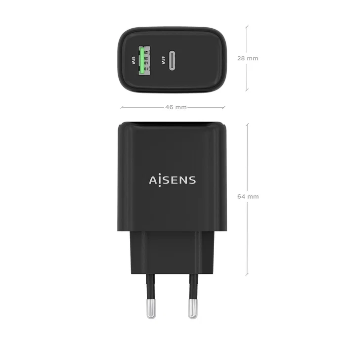 Aisens Cargador GaN 45W con USB-C y USB-A, Negro A110-0972 Aisens Cargador GaN 45W con USB-C y USB-A, Negro A110-0972