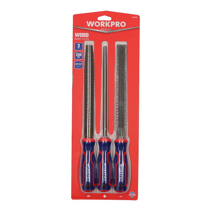 Workpro Juego de 3 Escofinas 200 mm para Limar y Pulir Madera Mango Antideslizante Acero Tratado