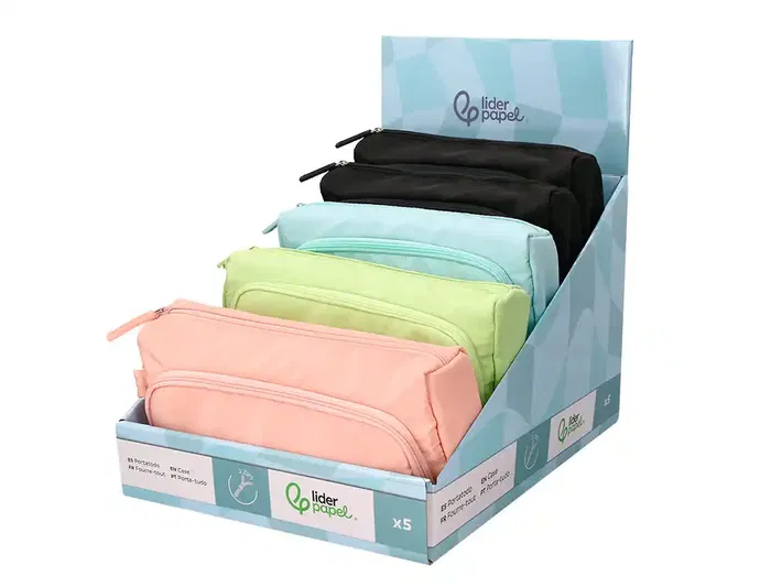 Liderpapel Minibag - Estuche Portatodo con 2 Cremalleras y Bolsillo Interior, 21 x 10 x 7 cm, Surtido de Colores (Negro, Rosa, Azul, Verde Pastel)