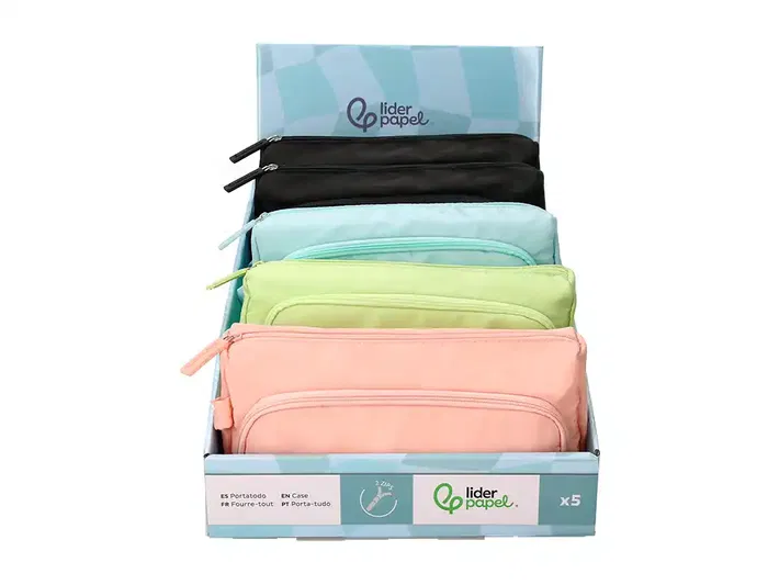 Liderpapel Minibag - Estuche Portatodo con 2 Cremalleras y Bolsillo Interior, 21 x 10 x 7 cm, Surtido de Colores (Negro, Rosa, Azul, Verde Pastel)