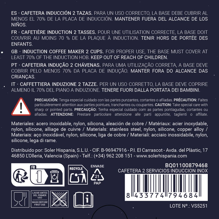 Inde Cafetera 2 Servicios Acero Inoxidable 9.4 x 11.4 x 14.3 cm para Placas de Inducción Quttin (6 Unidades)