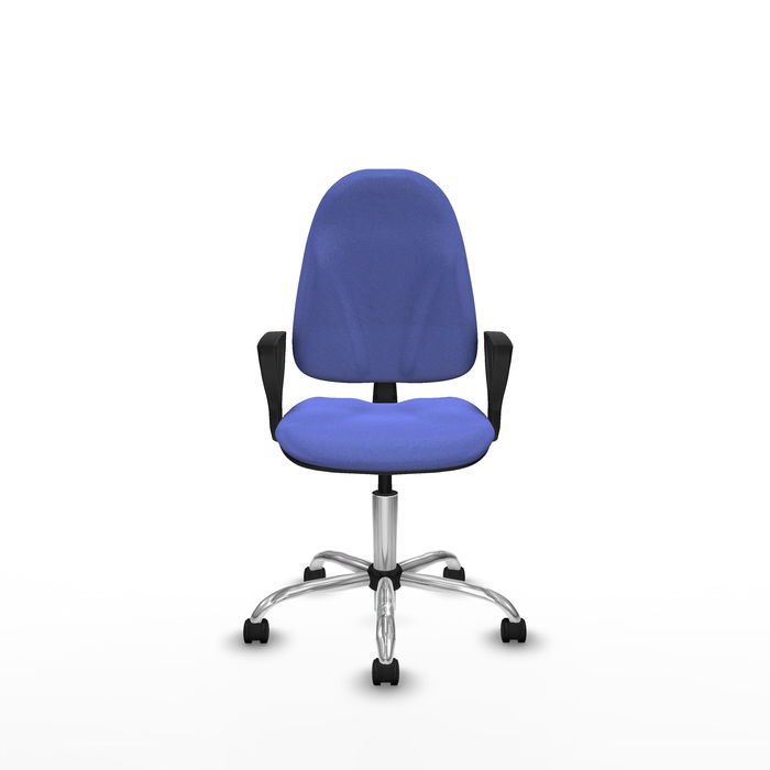 Silla de oficina Algarra con mecanismo Contacto permanente básico tapizada con Tela color Azul claro. Equipada con Base cromada, Brazos fijos y Ruedas de nailon 50 mm