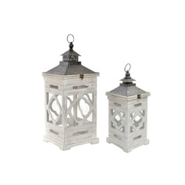 DKD Home Decor Set de 2 Farolas de Abeto y Cristal Blanco 26x26x66 cm
