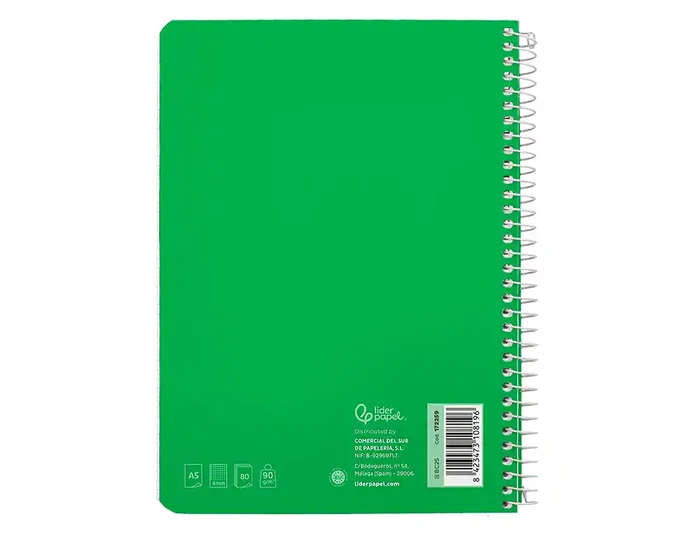 Liderpapel Cuaderno espiral Witty A5 verde tapa dura 80 hojas 90gr cuadro 4mm con margen