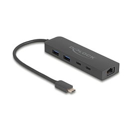 DeLOCK Hub USB-C 10 Gbps con Puerto LAN 2.5 Gigabit y Power Delivery PD de 85 W - 5 Puertos USB 3.2 Gen 2 (2x Type-A, 2x Type-C) - Negro