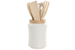 DKD Home Decor Set de 6 Utensilios de Porcelana y Bambú Relieve