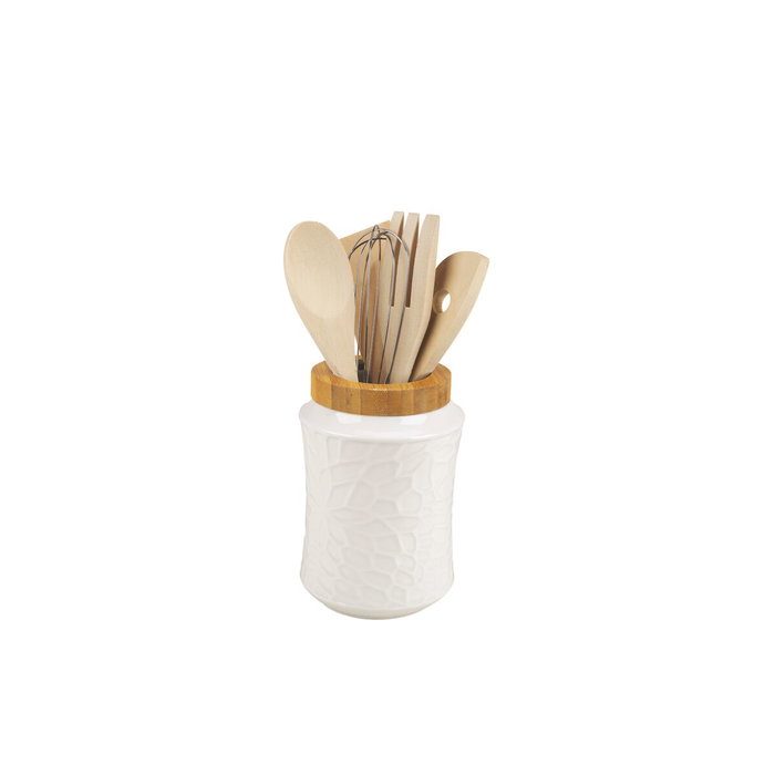 DKD Home Decor Set de 6 Utensilios de Porcelana y Bambú Relieve