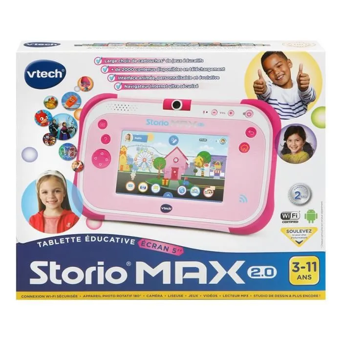 VTECH - Consola VTech Storio Max 2.0 - Tableta Educativa para Niños, Pantalla 5", Color Rosa, Idioma Francés, para 3 a 11 años
