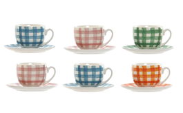 DKD Home Decor Café Set de 6 Piezas Porcelana New Bone Vichy Azul Naranja 240ml Aptos Microondas Lavavajillas 8.7 x 6.8 x 11 cm