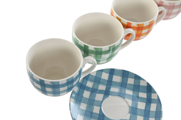 DKD Home Decor Café Set de 6 Piezas Porcelana New Bone Vichy Azul Naranja 240ml Aptos Microondas Lavavajillas 8.7 x 6.8 x 11 cm