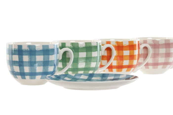DKD Home Decor Café Set de 6 Piezas Porcelana New Bone Vichy Azul Naranja 240ml Aptos Microondas Lavavajillas 8.7 x 6.8 x 11 cm