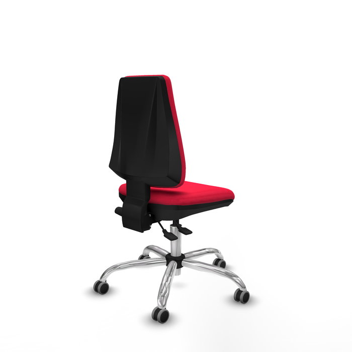 Silla de oficina Elche con mecanismo Asincro tapizada con Tela color Rojo. Equipada con Base cromada, Sin brazos y Ruedas 65 mm parqué