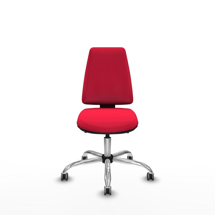 Silla de oficina Elche con mecanismo Asincro tapizada con Tela color Rojo. Equipada con Base cromada, Sin brazos y Ruedas 65 mm parqué
