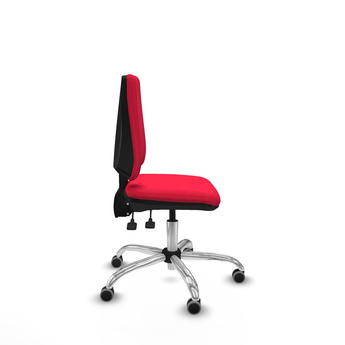 Silla de oficina Elche con mecanismo Asincro tapizada con Tela color Rojo. Equipada con Base cromada, Sin brazos y Ruedas 65 mm parqué
