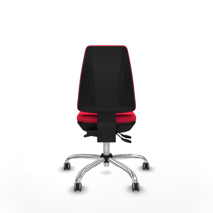 Silla de oficina Elche con mecanismo Asincro tapizada con Tela color Rojo. Equipada con Base cromada, Sin brazos y Ruedas 65 mm parqué