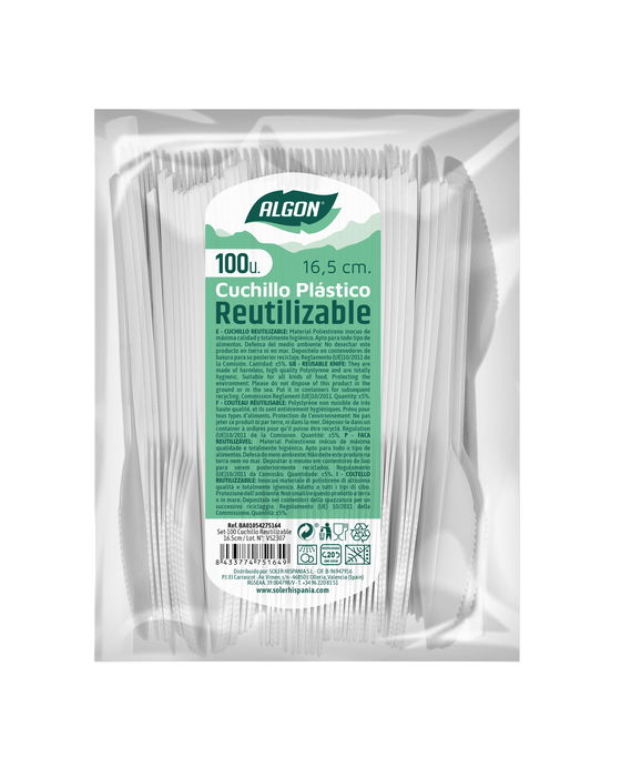 Algon Set de 100 Cuchillos Ecológicos de Plástico, 16.5 cm (16.5x2x0.3 cm) (20 Unidades)