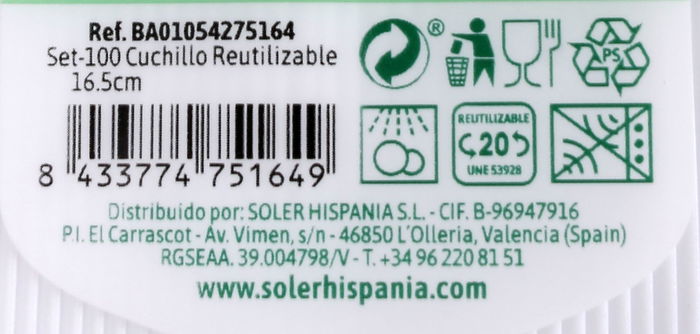 Algon Set de 100 Cuchillos Ecológicos de Plástico, 16.5 cm (16.5x2x0.3 cm) (20 Unidades)