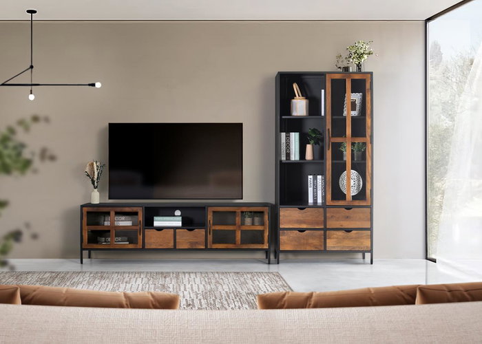 Giner y Colomer Mueble TV con 2 Puertas y 2 Cajones, Metal y Madera de Mango, Nogal y Negro, 180 cm