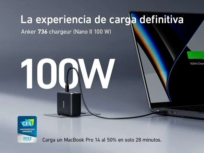 Anker 736 (Nano II) Cargador GaN II de 100W, Cargador de Pared 3 Puertos (2x USB-C, 1x USB-A) Compatible con MacBook, iPhone, iPad, Galaxy