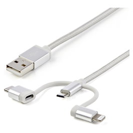 StarTech.com Cable USB Carga Lightning Micro USB 1 m Trenzado Plata - USB A a Lightning y Micro USB B - Cable Cargador para iPhone iPad Tablet Móvil