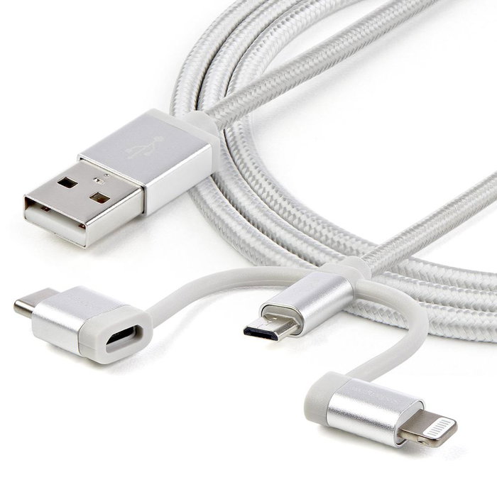 Cable USB-A a Lightning, USB-C y Micro-USB 1m Carga 3-en-1 MFi Nailon Trenzado 15W 3A