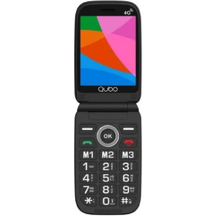 Qubo X-D340 Teléfono Móvil 4G para Personas Mayores con Doble Pantalla, Botón SOS, Dual SIM y 1400 mAh - Negro