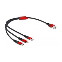 DeLOCK Cable de Carga USB 3 en 1 Tipo-A a Lightning y 2 x USB Type-C 30 cm Negro/Rojo 0.3 m para Carga Rápida 3A