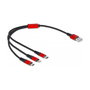 DeLOCK Cable de carga 3 en 1 USB-A a Lightning y 2 x USB Type-C 30 cm, Negro/Rojo