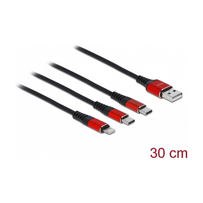 DeLOCK Cable de carga 3 en 1 USB-A a Lightning y 2 x USB Type-C 30 cm, Negro/Rojo