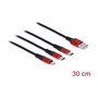 DeLOCK Cable de carga 3 en 1 USB-A a Lightning y 2 x USB Type-C 30 cm, Negro/Rojo