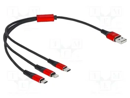 DeLOCK Cable de carga 3 en 1 USB Tipo-A a Lightning™ / 2 x USB Type-C™ 30 cm Negro/Rojo