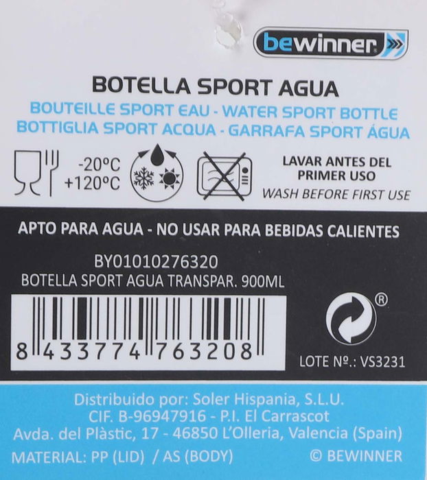 Bewinner Botella Sport Agua Transparente 900 ml (Ancho: 8.1 cm, Alto: 27.1 cm) (12 Unidades)