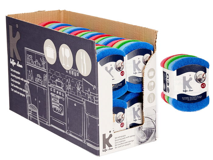 Arte Regal Set 3 Estropajos Mini con Esponja 7.5x7x10 cm Azul Rojo Verde Espuma Poliuretano Fibra Abrasiva (Set de 20)