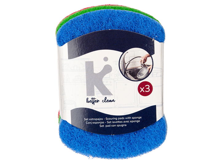 Arte Regal Set 3 Estropajos Mini con Esponja 7.5x7x10 cm Azul Rojo Verde Espuma Poliuretano Fibra Abrasiva (Set de 20)