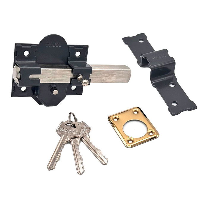 Micel Cerrojo sobreponer CRR12, placa 86 mm, cilindro redondo 50 mm, reversible, con 3 llaves de serreta, acabado pintado gris