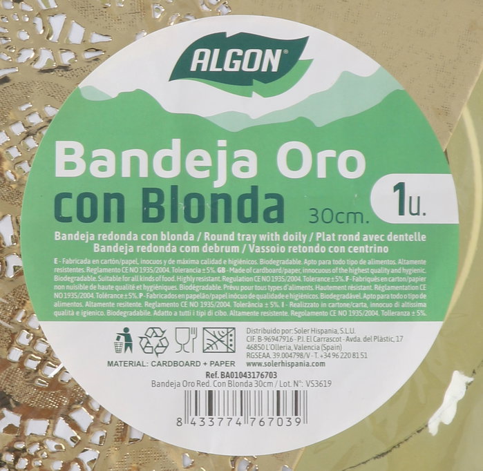 Algon Bandeja Oro Redonda con Blonda 30 cm (30 Unidades)