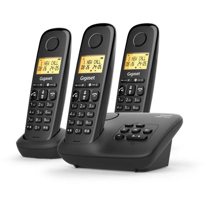 Gigaset Basic 100A TRIO - Teléfono fijo con contestador automático, manos libres, pantalla retroiluminada, agenda para 50 contactos y bloqueo de llamadas - Negro - GIG4255781905563