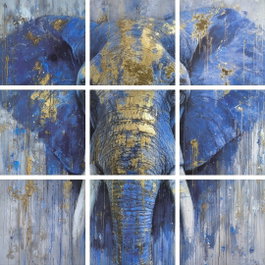 DKD Home Decor Set de 9 Lienzos Elefante Azul y Dorado