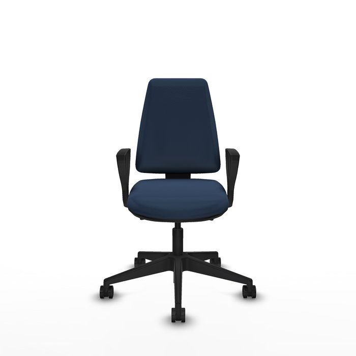 Silla de oficina Elche con mecanismo Asincro tapizada con Similpiel color Azul marino. Equipada con Base piramidal negra, Brazos fijos y Ruedas 65mm nailon