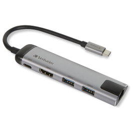 Verbatim Hub USB-C 49141 con HDMI 4K, Ethernet y puertos USB 3.0, Negro/Plata