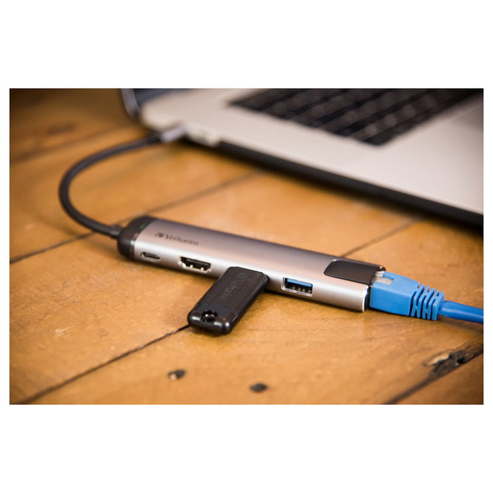 Verbatim Hub USB-C 49141 con HDMI 4K, Ethernet y puertos USB 3.0, Negro/Plata