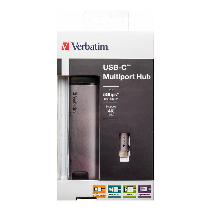 Verbatim Hub USB-C 49141 con HDMI 4K, Ethernet y puertos USB 3.0, Negro/Plata