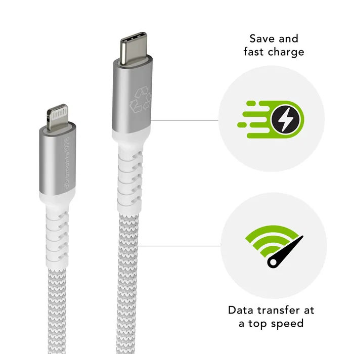 Dbramante1928 CB25CLGR7121 - Cable USB-C a Lightning 2.5 m, Macho, 480 Mbps, Blanco, Trenzado, 100% Plástico Reciclado