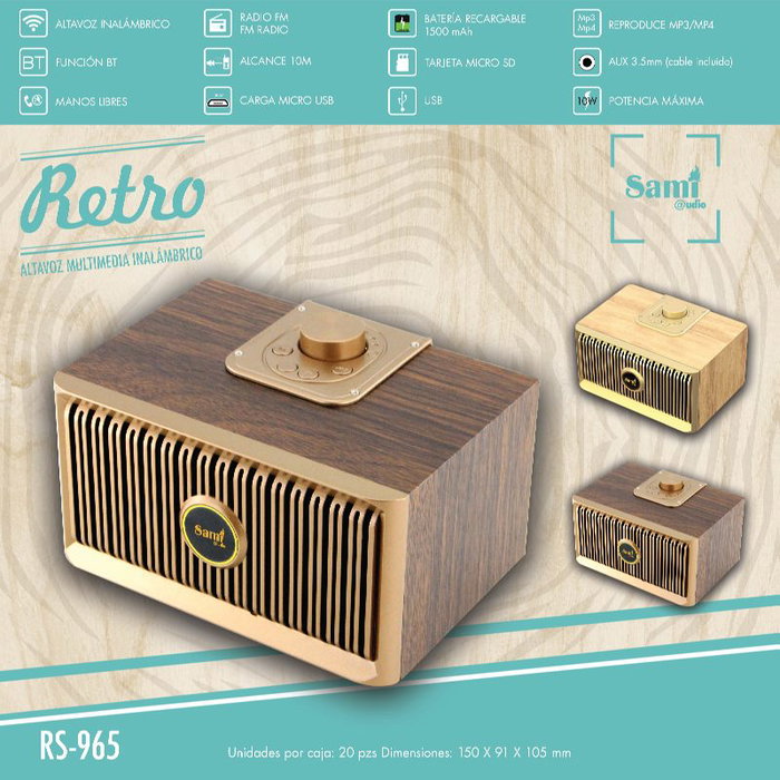 SAMI Altavoz Multimedia Retro con Radio FM, Diseño Tipo Madera Clara, 10W, Conexión USB y Micro