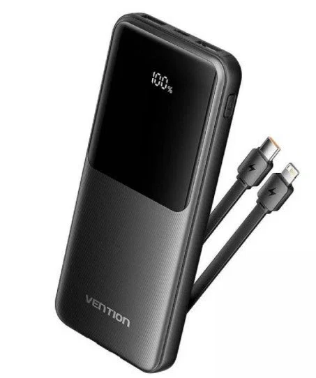 Vention FHOB0 Power Bank 10000mAh 22.5W Carga Rápida con Cable USB-C y Lightning Incorporados - Negra