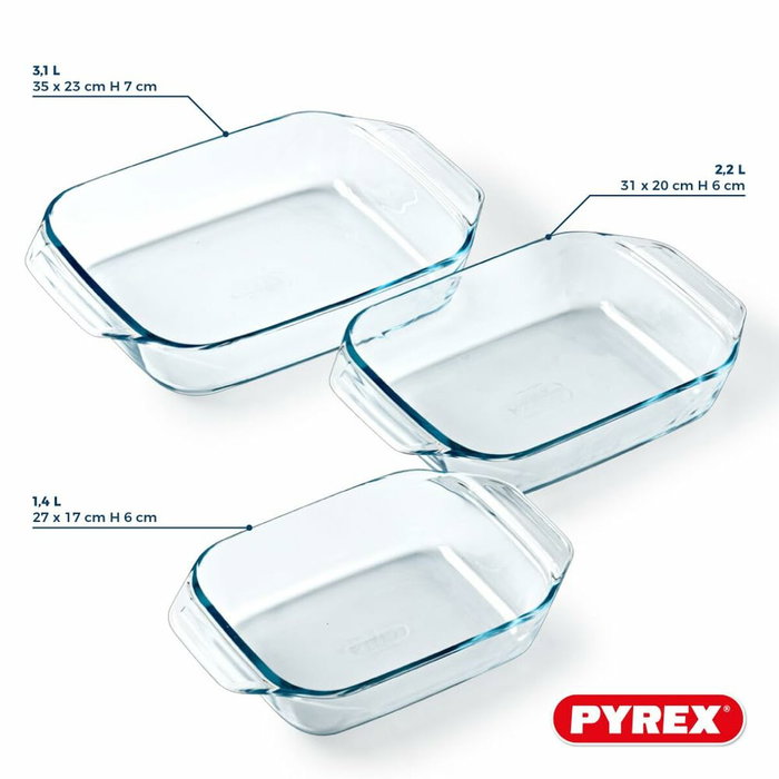 Pyrex Juego de 3 fuentes para horno rectangulares de vidrio de 20-25-28 cm Pyrex Juego de 3 fuentes para horno rectangulares de vidrio de 20-25-28 cm