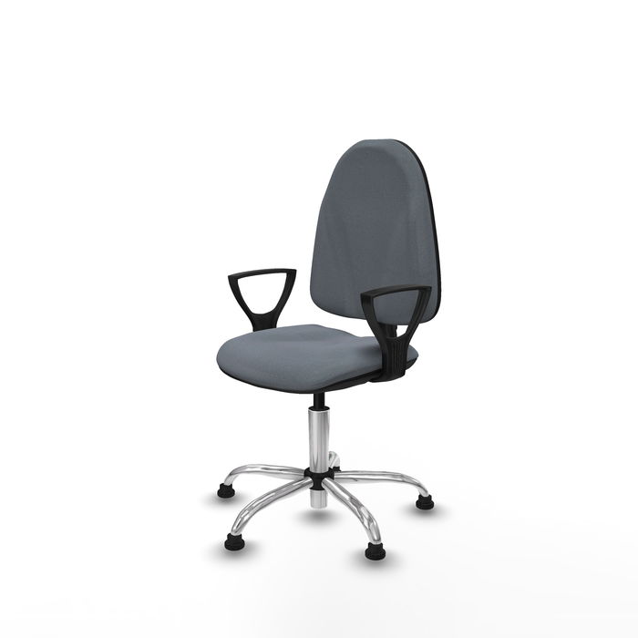 Silla de oficina Algarra con mecanismo Contacto permanente básico tapizada con Tela color Gris. Equipada con Base cromada, Brazos fijosy Topes