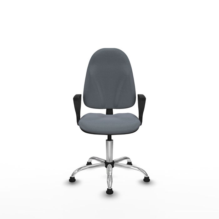Silla de oficina Algarra con mecanismo Contacto permanente básico tapizada con Tela color Gris. Equipada con Base cromada, Brazos fijosy Topes